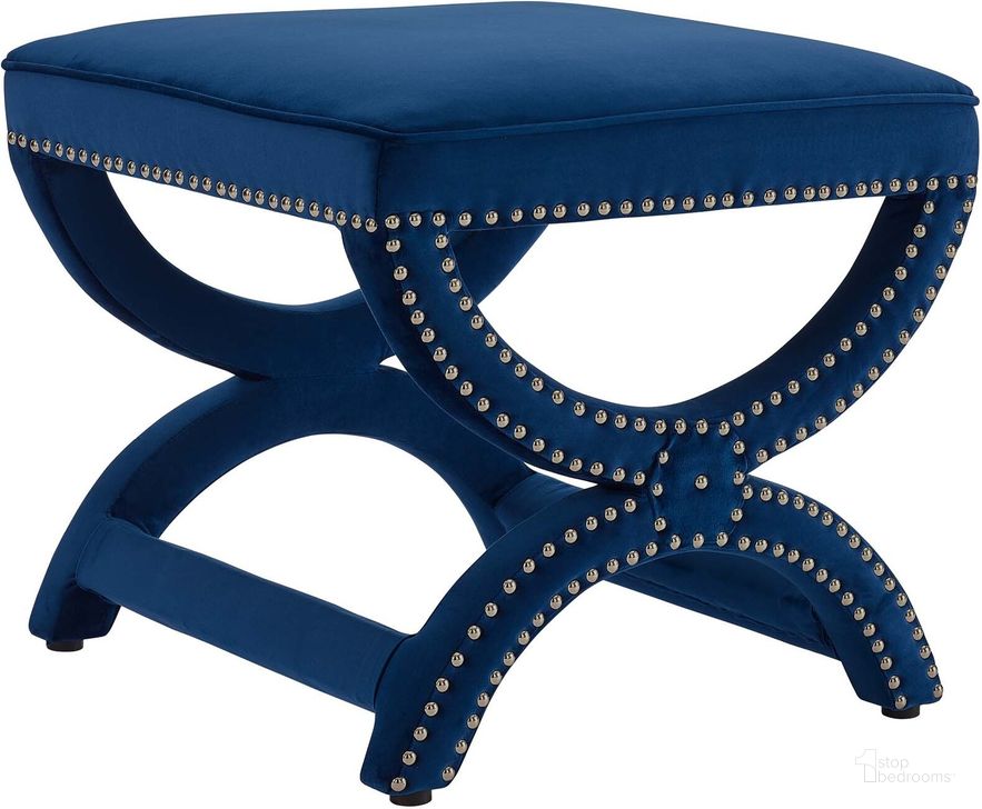 The appearance of Expound Navy Upholstered Nailhead Trim Performance Velvet Ottoman designed by Modway in the modern / contemporary interior design. This navy piece of furniture  was selected by 1StopBedrooms from Expound Collection to add a touch of cosiness and style into your home. Sku: EEI-3068-NAV. Material: Wood. Product Type: Ottoman. Image1