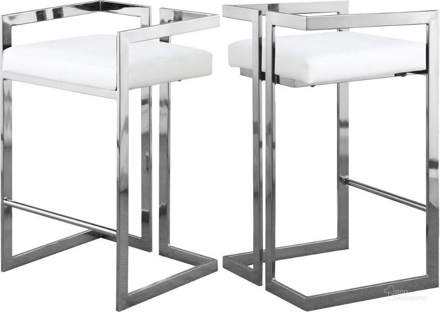 The appearance of Ezra White Faux Leather Stool 910White-C Set of 2 designed by Meridian in the modern / contemporary interior design. This white faux leather piece of furniture  was selected by 1StopBedrooms from Ezra Collection to add a touch of cosiness and style into your home. Sku: 910White-C. Material: Faux Leather. Product Type: Barstool. Image1