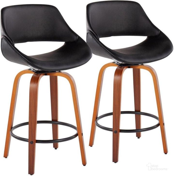 The appearance of Fabrico Fixed-Height Counter Stool Set of 2 in Walnut Wood with Round Black Footrest and Black Faux Leather designed by Lumisource in the modern / contemporary interior design. This black piece of furniture  was selected by 1StopBedrooms from Fabrizzi Collection to add a touch of cosiness and style into your home. Sku: B26-FBCOPU-SWVQ2 WLBK2. Material: Wood. Product Type: Barstool. Image1
