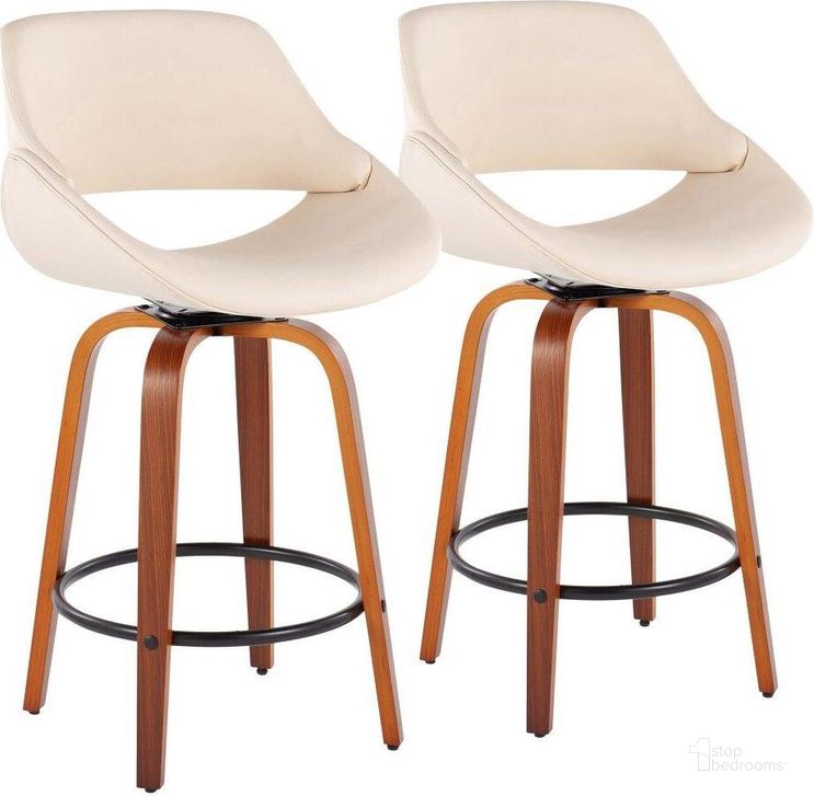 The appearance of Fabrico Fixed-Height Counter Stool Set of 2 in Walnut Wood with Round Black Footrest and Cream Faux Leather designed by Lumisource in the modern / contemporary interior design. This cream piece of furniture  was selected by 1StopBedrooms from Fabrizzi Collection to add a touch of cosiness and style into your home. Sku: B26-FBCOPU-SWVQ2 WLCR2. Material: Wood. Product Type: Barstool. Image1