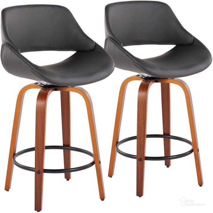 The appearance of Fabrico Fixed-Height Counter Stool Set of 2 in Walnut Wood with Round Black Footrest and Grey Faux Leather designed by Lumisource in the modern / contemporary interior design. This grey piece of furniture  was selected by 1StopBedrooms from Fabrizzi Collection to add a touch of cosiness and style into your home. Sku: B26-FBCOPU-SWVQ2 WLGY2. Material: Wood. Product Type: Barstool. Image1