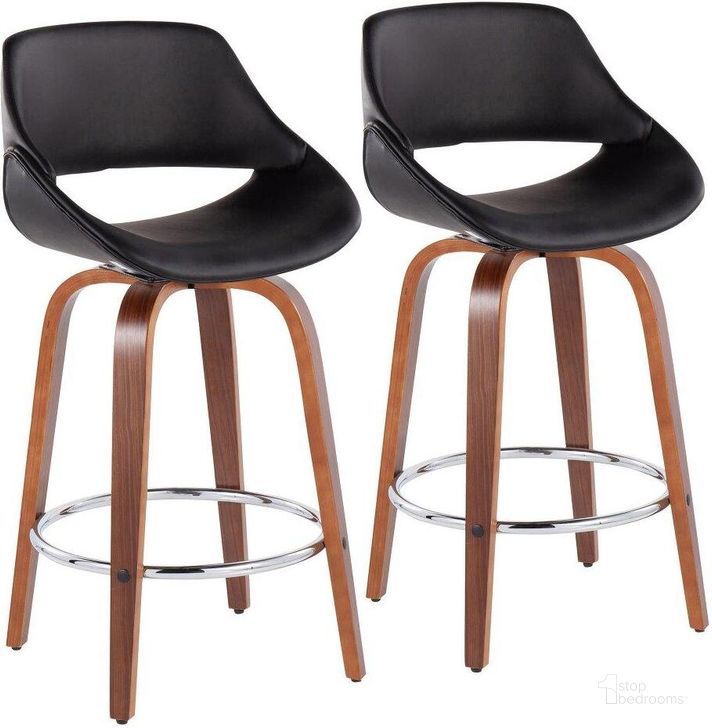 The appearance of Fabrico Fixed-Height Counter Stool Set of 2 in Walnut Wood with Round Chrome Footrest and Black Faux Leather designed by Lumisource in the modern / contemporary interior design. This black and brown piece of furniture  was selected by 1StopBedrooms from Fabrizzi Collection to add a touch of cosiness and style into your home. Sku: B26-FBCOPU-SWVR2 WLBK2. Material: Wood. Product Type: Barstool. Image1
