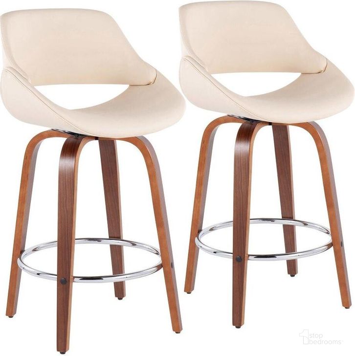 The appearance of Fabrico Fixed-Height Counter Stool Set of 2 in Walnut Wood with Round Chrome Footrest and Cream Faux Leather designed by Lumisource in the modern / contemporary interior design. This cream piece of furniture  was selected by 1StopBedrooms from Fabrizzi Collection to add a touch of cosiness and style into your home. Sku: B26-FBCOPU-SWVR2 WLCR2. Material: Wood. Product Type: Barstool. Image1