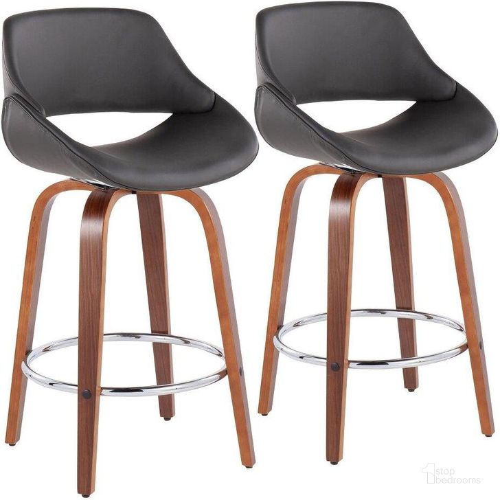 The appearance of Fabrico Fixed-Height Counter Stool Set of 2 in Walnut Wood with Round Chrome Footrest and Grey Faux Leather designed by Lumisource in the modern / contemporary interior design. This grey piece of furniture  was selected by 1StopBedrooms from Fabrizzi Collection to add a touch of cosiness and style into your home. Sku: B26-FBCOPU-SWVR2 WLGY2. Material: Wood. Product Type: Barstool. Image1