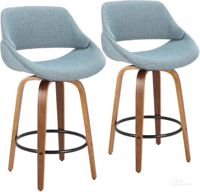 The appearance of Fabrico Mid-Century Modern Counter Stool In Walnut And Blue Noise Fabric - Set Of 2 designed by Lumisource in the transitional interior design. This walnut piece of furniture  was selected by 1StopBedrooms from Fabrizzi Collection to add a touch of cosiness and style into your home. Sku: B26-FBCO2Q WL+BU2. Material: Polyester. Product Type: Barstool. Image1