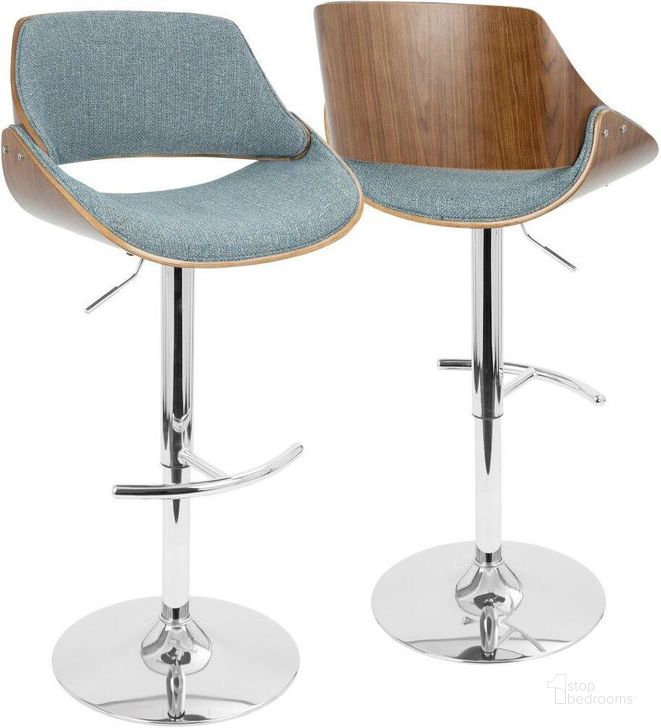 The appearance of Fabrizzi Mid-Century Modern Adjustable Barstool With Swivel In Walnut And Blue designed by Lumisource in the transitional interior design. This walnut piece of furniture  was selected by 1StopBedrooms from Fabrizzi Collection to add a touch of cosiness and style into your home. Sku: BS-FBZZ WL+BU. Material: Wood. Product Type: Barstool. Image1