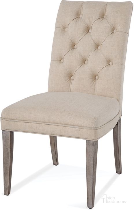 The appearance of Farm Driftwood Upholstered Bellamy Side Chair Set of 2 designed by Bassett Mirror Company in the modern / contemporary interior design. This gray piece of furniture  was selected by 1StopBedrooms from Farm Collection to add a touch of cosiness and style into your home. Sku: 1153-DR-803. Product Type: Side Chair. Image1