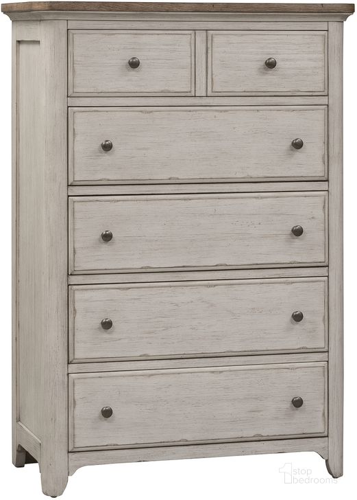 The appearance of Farmhouse Reimagined Antique White 5 Drawer Chest designed by Liberty in the traditional interior design. This cream piece of furniture  was selected by 1StopBedrooms from Farmhouse Reimagined Collection to add a touch of cosiness and style into your home. Sku: 652-BR41. Material: Wood. Product Type: Chest. Image1