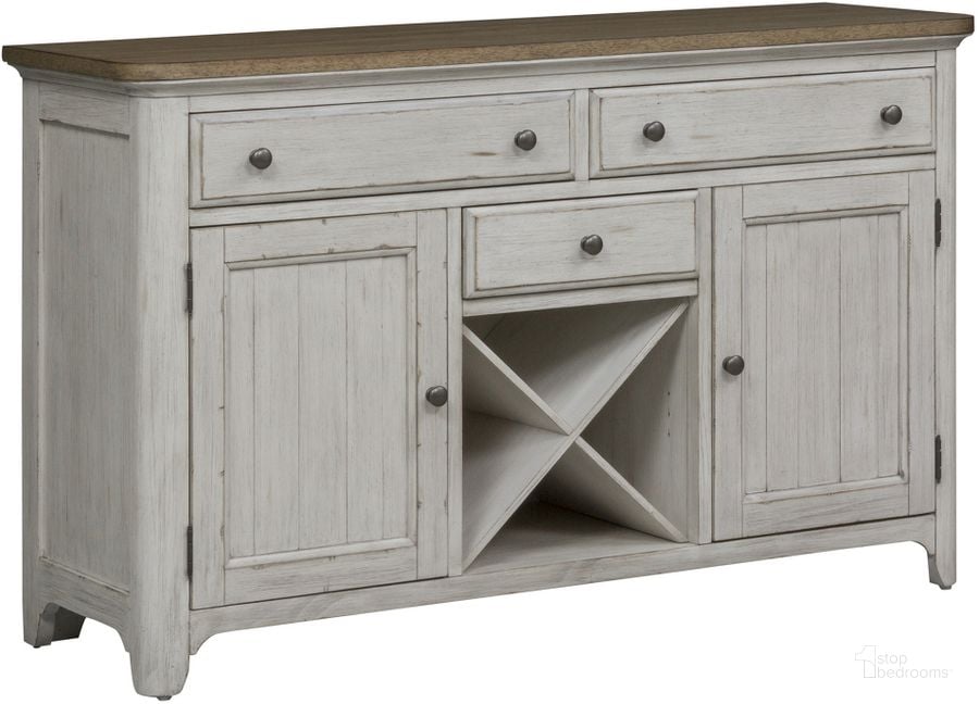 The appearance of Farmhouse Reimagined Antique White Buffet designed by Liberty in the traditional interior design. This brown piece of furniture  was selected by 1StopBedrooms from Farmhouse Reimagined Collection to add a touch of cosiness and style into your home. Sku: 652-CB6036. Material: Wood. Product Type: Buffet. Image1