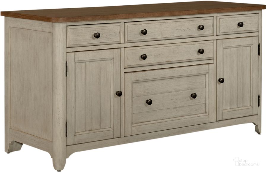 The appearance of Farmhouse Reimagined Door Credenza designed by Liberty in the country / farmhouse interior design. This antique white piece of furniture  was selected by 1StopBedrooms from Farmhouse Reimagined Collection to add a touch of cosiness and style into your home. Sku: 652-HO120. Product Type: Credenza. Material: Solid Pine. Image1