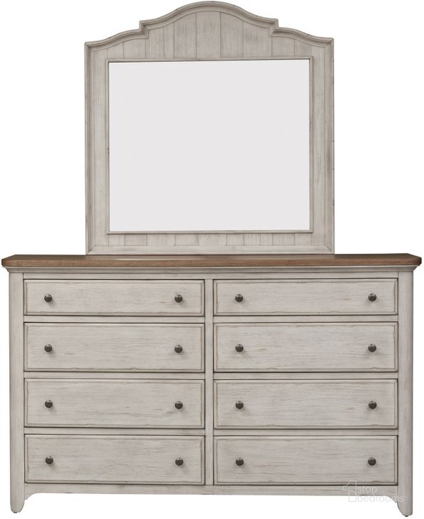 The appearance of Farmhouse Reimagined Dresser And Mirror In White designed by Liberty in the country / farmhouse interior design. This white piece of furniture  was selected by 1StopBedrooms from Farmhouse Reimagined Collection to add a touch of cosiness and style into your home. Sku: 652-BR31;652-BR51. Product Type: Dresser and Mirror. Material: Solid Pine. Image1