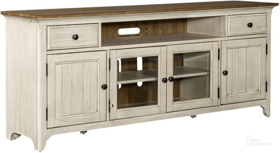 The appearance of Farmhouse Reimagined Entertainment Tv Stand designed by Liberty in the country / farmhouse interior design. This antique white and chestnut piece of furniture  was selected by 1StopBedrooms from Farmhouse Reimagined Collection to add a touch of cosiness and style into your home. Sku: 652-TV72. Product Type: TV Stand. Material: Wood Veneer. Image1