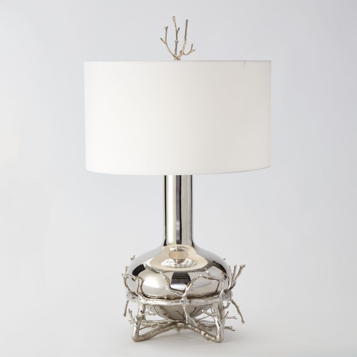 The appearance of Fat Nickel Twig Table Lamp In Silver designed by Global Views in the modern / contemporary interior design. This silver piece of furniture  was selected by 1StopBedrooms from Fat Collection to add a touch of cosiness and style into your home. Sku: 9.9209. Product Type: Table Lamp. Material: Brass. Image1