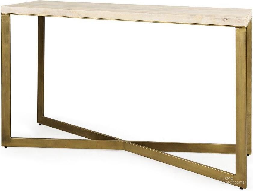 The appearance of Faye Barely Gray Finished Wood With Gold Metal Base Console Table designed by Mercana in the modern / contemporary interior design. This brown and gold piece of furniture  was selected by 1StopBedrooms from Faye Collection to add a touch of cosiness and style into your home. Sku: 69182. Material: Wood. Product Type: Console Table. Image1