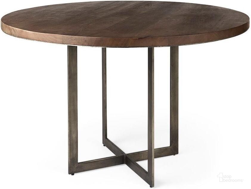 The appearance of Faye I Medium Brown Wood With Antique Nickel Metal Base Round Dining Table designed by Mercana in the modern / contemporary interior design. This dark brown piece of furniture  was selected by 1StopBedrooms from Faye Collection to add a touch of cosiness and style into your home. Sku: 69176-AB. Table Base Style: Trestle. Table Top Shape: Round. Material: Wood. Product Type: Dining Table. Size: 48". Image1