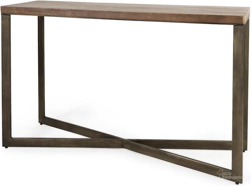 The appearance of Faye Medium Brown Wood With Antique Nickel Metal Base Console Table designed by Mercana in the modern / contemporary interior design. This medium brown piece of furniture  was selected by 1StopBedrooms from Faye Collection to add a touch of cosiness and style into your home. Sku: 69183. Material: Wood. Product Type: Console Table. Image1