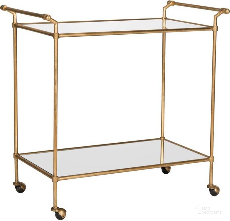 The appearance of Felicity Gold Bar Cart designed by Safavieh in the modern / contemporary interior design. This gold piece of furniture  was selected by 1StopBedrooms from Safavieh FOX Collection to add a touch of cosiness and style into your home. Sku: FOX2558A. Product Type: Bar Cart. Material: Iron. Image1