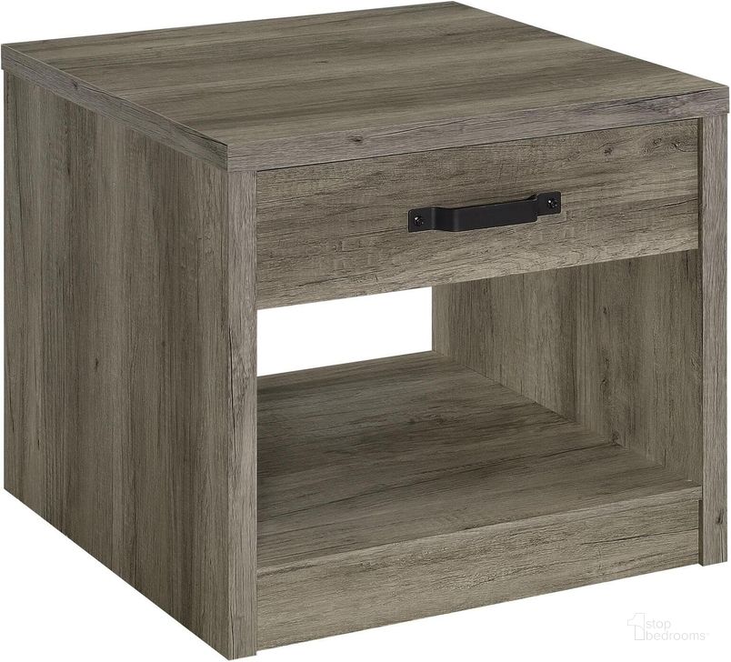The appearance of Felix 1-Drawer Square Engineered Wood End Table In Grey Driftwood designed by Coaster in the rustic / southwestern interior design. This grey driftwood piece of furniture  was selected by 1StopBedrooms from Felix Collection to add a touch of cosiness and style into your home. Sku: 707727. Material: Wood. Product Type: End Table. Image1