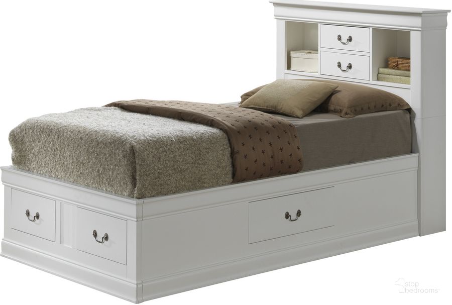 The appearance of Glory Furniture G3190 Twin Storage Bed in White designed by Glory in the traditional interior design. This white piece of furniture  was selected by 1StopBedrooms from G3190 Collection to add a touch of cosiness and style into your home. Sku: G3190B-TSB-Twin Storage Bed  Headboard;G3190B-TSB-Twin Storage Bed  Footboard;G3190B-TSB-Twin Storage Bed  Rails;G3190B-TSB-Twin Storage Bed  Drawers for Rails;G3190B-TSB-Twin Storage Bed  Drawers for Footboard. Bed Type: Storage Bed. Material: Wood. Product Type: Storage Bed. Bed Size: Twin. Image1