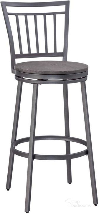 The appearance of Filmore Grey Oak Seat Metal Back Bar Stool designed by American Woodcrafters in the transitional interior design. This gray piece of furniture  was selected by 1StopBedrooms from Filmore Collection to add a touch of cosiness and style into your home. Sku: B1-121-30W. Material: Metal. Product Type: Barstool.
