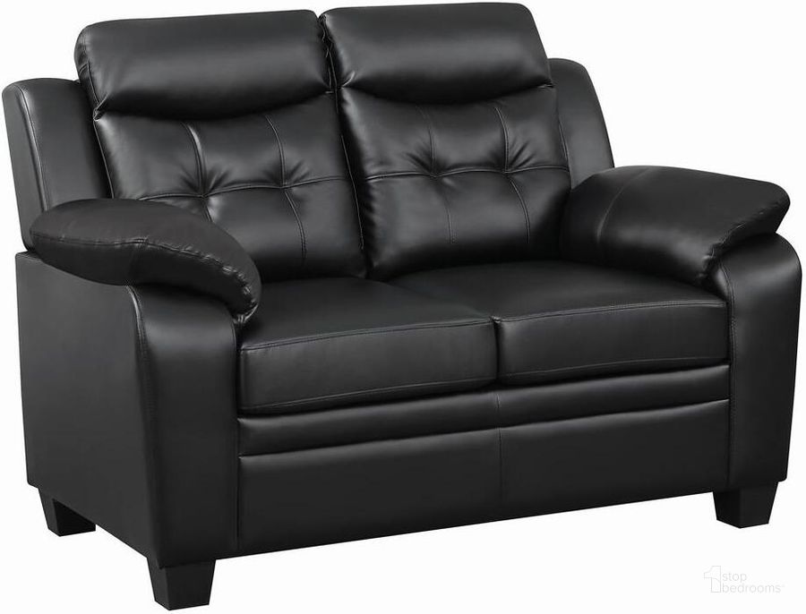 The appearance of Finley Black Loveseat designed by Coaster in the modern / contemporary interior design. This black piece of furniture  was selected by 1StopBedrooms from Finley Collection to add a touch of cosiness and style into your home. Sku: 506552. Product Type: Loveseat. Material: Vinyl. Key Features: Tufted. Image1