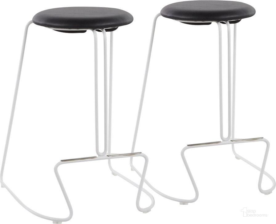 The appearance of Finn Contemporary Counter Stool In White Steel And Black Faux Leather - Set Of 2 designed by Lumisource in the modern / contemporary interior design. This white piece of furniture  was selected by 1StopBedrooms from Finn Collection to add a touch of cosiness and style into your home. Sku: B26-FINN WBK2. Product Type: Barstool. Material: PU. Image1