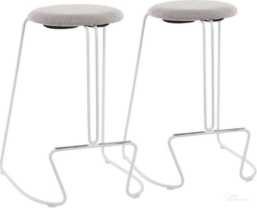 The appearance of Finn Contemporary Counter Stool In White Steel And Light Grey Fabric - Set Of 2 designed by Lumisource in the modern / contemporary interior design. This white piece of furniture  was selected by 1StopBedrooms from Finn Collection to add a touch of cosiness and style into your home. Sku: B26-FINN WFLGY2. Material: Polyester. Product Type: Barstool. Image1
