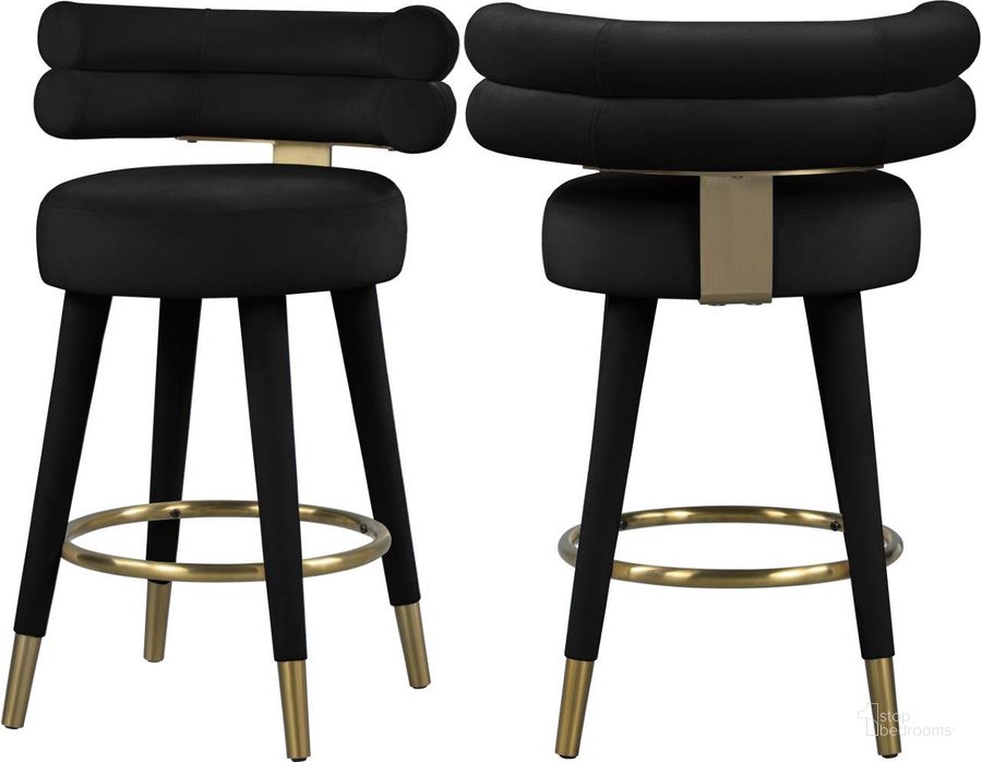 The appearance of Fitzroy Black Velvet Counter Stool Set of 2 designed by Meridian in the modern / contemporary interior design. This black velvet piece of furniture  was selected by 1StopBedrooms from Fitzroy Collection to add a touch of cosiness and style into your home. Sku: 798Black-C. Product Type: Barstool. Material: Iron. Image1