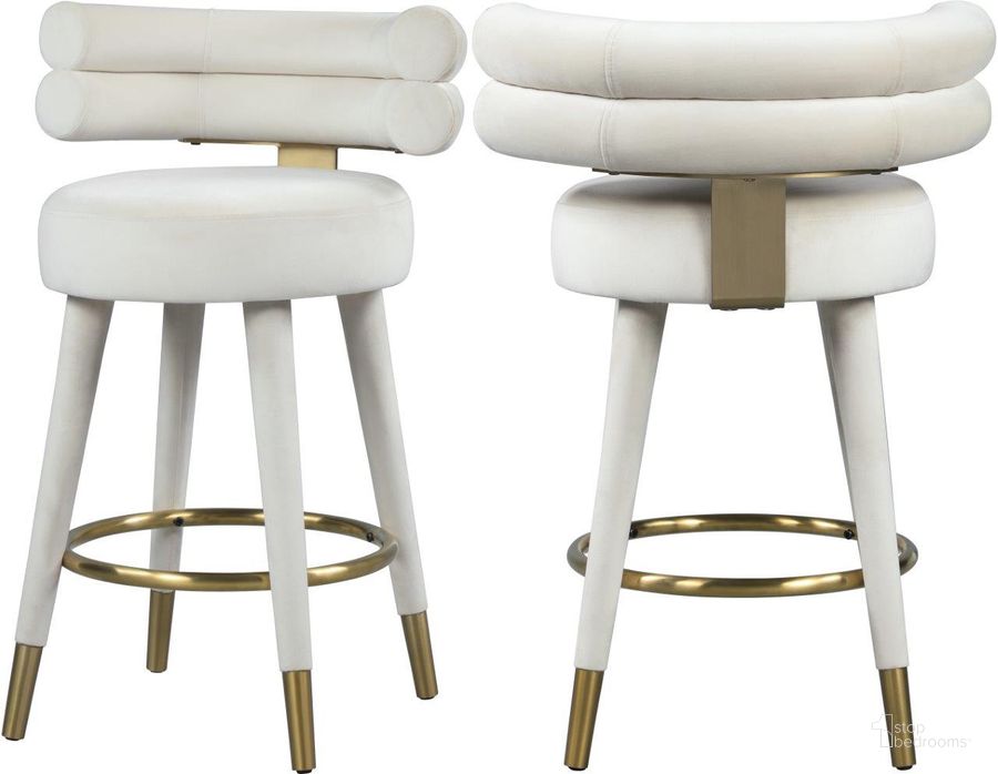 The appearance of Fitzroy Cream Velvet Counter Stool Set of 2 designed by Meridian in the modern / contemporary interior design. This cream velvet piece of furniture  was selected by 1StopBedrooms from Fitzroy Collection to add a touch of cosiness and style into your home. Sku: 798Cream-C. Product Type: Barstool. Material: Iron. Image1