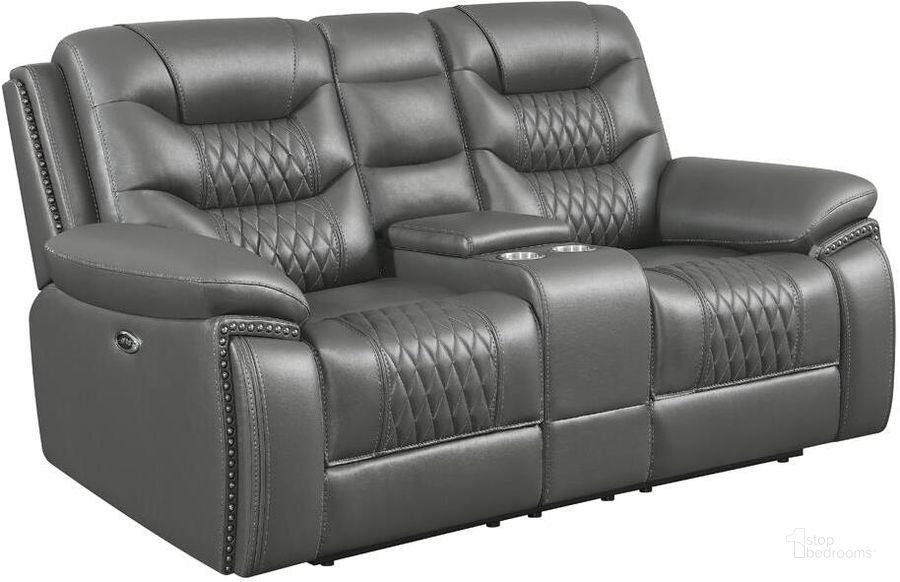 The appearance of Flamenco Charcoal Power Reclining Loveseat designed by Coaster in the modern / contemporary interior design. This gray piece of furniture  was selected by 1StopBedrooms from Flamenco Collection to add a touch of cosiness and style into your home. Sku: 610205P. Product Type: Loveseat. Material: Foam. Image1