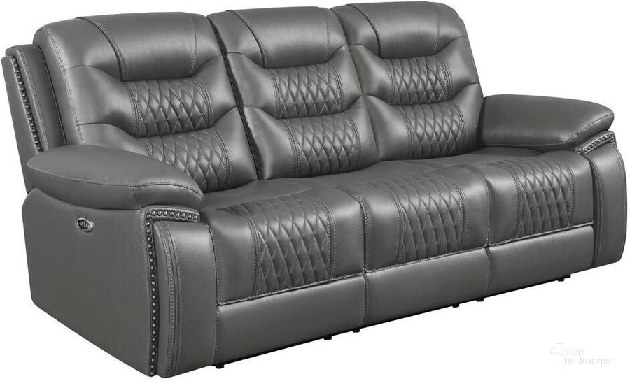The appearance of Flamenco Charcoal Power Reclining Sofa designed by Coaster in the modern / contemporary interior design. This gray piece of furniture  was selected by 1StopBedrooms from Flamenco Collection to add a touch of cosiness and style into your home. Sku: 610204P. Product Type: Reclining Sofa. Material: Foam. Image1