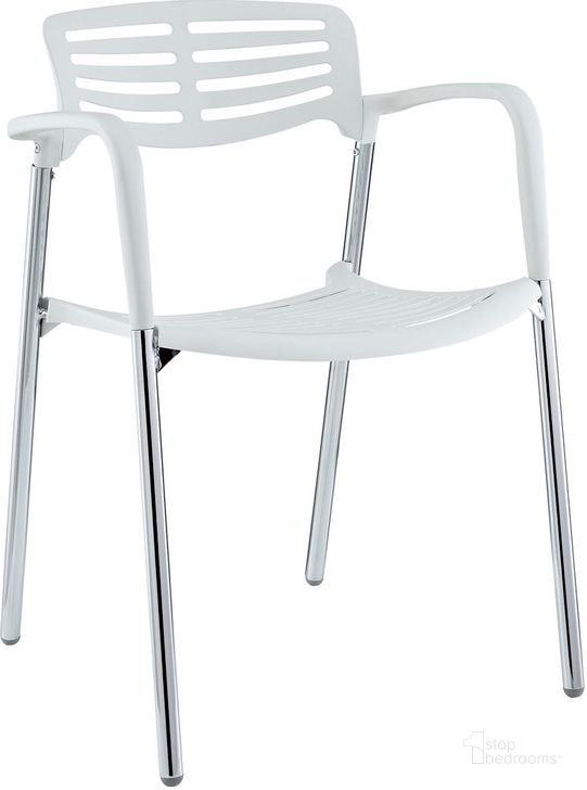 The appearance of Fleet Stacking Chair In White designed by Modway in the  interior design. This white piece of furniture  was selected by 1StopBedrooms from Fleet Collection to add a touch of cosiness and style into your home. Sku: EEI-236-WHI. Product Type: Dining Chair. Material: Chrome. Image1