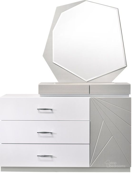 The appearance of Florence White and Light Grey Lacquer Dresser and Mirror designed by J&M in the modern / contemporary interior design. This white piece of furniture  was selected by 1StopBedrooms from Florence Collection to add a touch of cosiness and style into your home. Sku: 17852-DM. Material: Metal. Product Type: Dresser. Image1