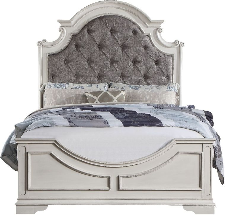 The appearance of Florian King Bed In Gray Fabric And Antique White designed by ACME in the transitional interior design. This antique white piece of furniture  was selected by 1StopBedrooms from Florian Collection to add a touch of cosiness and style into your home. Sku: BD01647EK1;BD01647EK2;BD01647EK3. Bed Type: Panel Bed. Product Type: Panel Bed. Bed Size: King. Image1