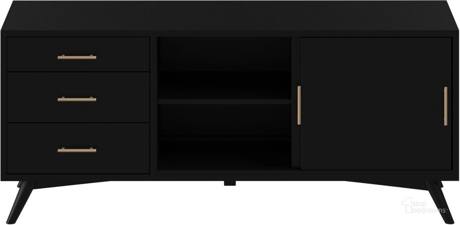 The appearance of Flynn Large TV Console Black designed by Alpine in the transitional interior design. This black piece of furniture  was selected by 1StopBedrooms from Flynn Collection to add a touch of cosiness and style into your home. Sku: 966BLK-10. Product Type: TV Console. Material: Wood Veneer. Image1