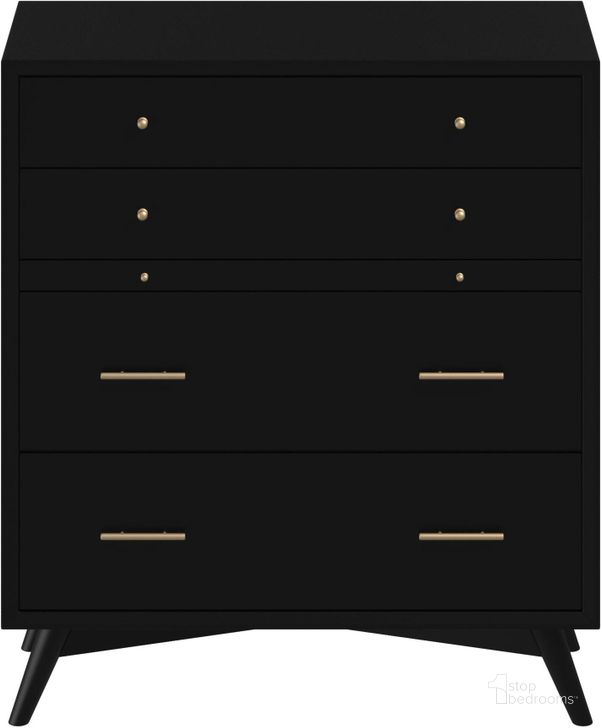 The appearance of Flynn Mid Century Modern 4 Drawer Multifunction Chest with Pull Out Tray Black designed by Alpine in the transitional interior design. This black piece of furniture  was selected by 1StopBedrooms from Flynn Collection to add a touch of cosiness and style into your home. Sku: 966BLK-05. Product Type: Chest. Material: Wood Veneer. Image1