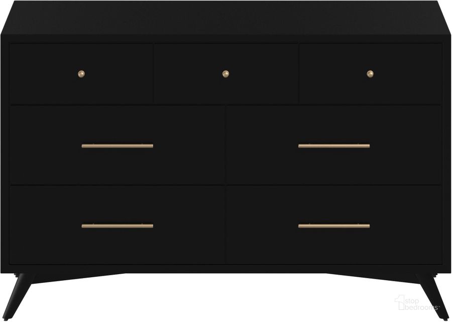 The appearance of Flynn Mid Century Modern 7 Drawer Dresser Black designed by Alpine in the transitional interior design. This black piece of furniture  was selected by 1StopBedrooms from Flynn Collection to add a touch of cosiness and style into your home. Sku: 966BLK-03. Product Type: Dresser. Material: Wood Veneer. Image1