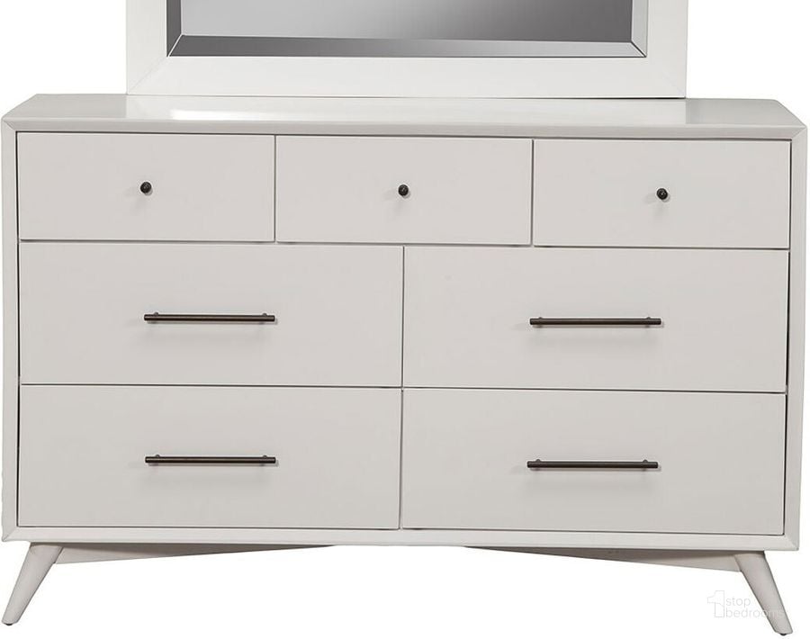The appearance of Flynn White 7 Drawer Dresser designed by Alpine in the modern / contemporary interior design. This white piece of furniture  was selected by 1StopBedrooms from Flynn Collection to add a touch of cosiness and style into your home. Sku: 966-W-03. Material: Wood. Product Type: Dresser. Image1