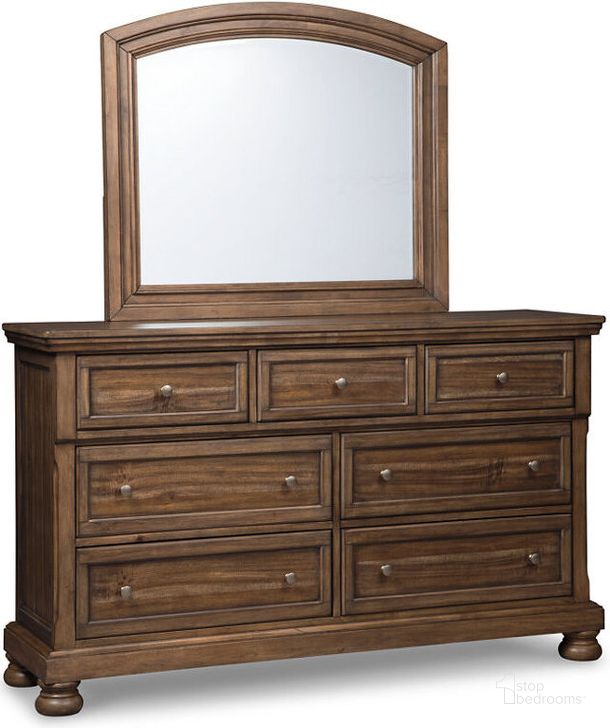 The appearance of Flynnter Dresser and Mirror In Medium Brown designed by Signature Design by Ashley in the transitional interior design. This medium brown piece of furniture  was selected by 1StopBedrooms from Flynnter Collection to add a touch of cosiness and style into your home. Sku: B719-31;B719-36. Material: Wood. Product Type: Dresser and Mirror. Image1