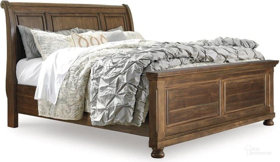 The appearance of Flynnter King Sleigh Bed In Medium Brown designed by Signature Design by Ashley in the transitional interior design. This medium brown piece of furniture  was selected by 1StopBedrooms from Flynnter Collection to add a touch of cosiness and style into your home. Sku: B719-56;B719-78;B719-97. Bed Type: Sleigh Bed. Product Type: Sleigh Bed. Bed Size: King. Image1
