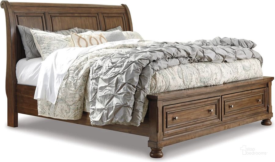The appearance of Flynnter Medium Brown King Sleigh Storage Bed designed by Signature Design by Ashley in the transitional interior design. This medium brown piece of furniture  was selected by 1StopBedrooms from Flynnter Collection to add a touch of cosiness and style into your home. Sku: B719-78;B719-76;B719-99. Bed Type: Storage Bed. Material: Wood. Product Type: Storage Bed. Bed Size: King. Image1