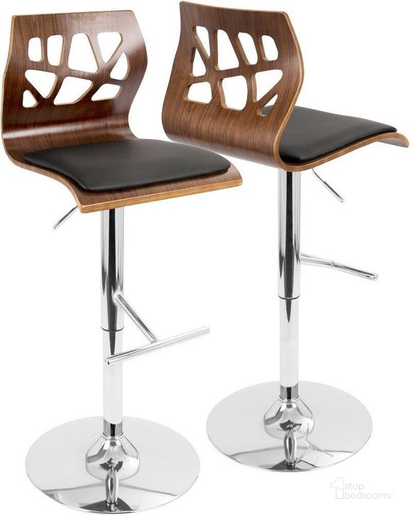 The appearance of Folia Mid-Century Modern Adjustable Barstool With Swivel In Walnut And Black Faux Leather designed by Lumisource in the transitional interior design. This walnut piece of furniture  was selected by 1StopBedrooms from Folia Collection to add a touch of cosiness and style into your home. Sku: BS-JY-FL WAL+BK. Material: Wood. Product Type: Barstool. Image1
