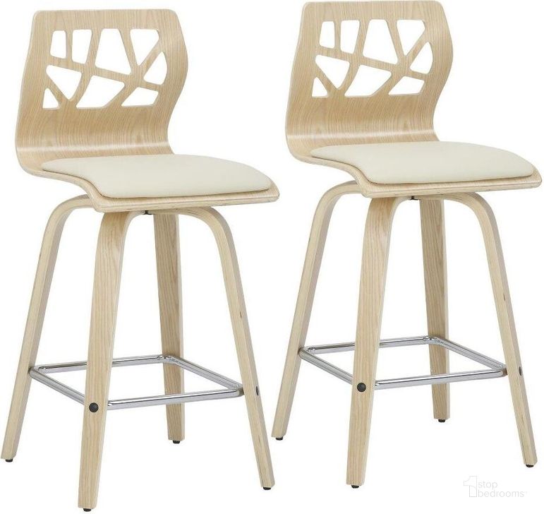 The appearance of Folia Mid Century Modern Counter Stool In Natural Wood, Cream Faux Leather, And Chrome Footrest Set Of 2 designed by Lumisource in the transitional interior design. This cream piece of furniture  was selected by 1StopBedrooms from Folia Collection to add a touch of cosiness and style into your home. Sku: B26-FOLIA2-SWVS NACR2. Material: Wood. Product Type: Barstool. Image1