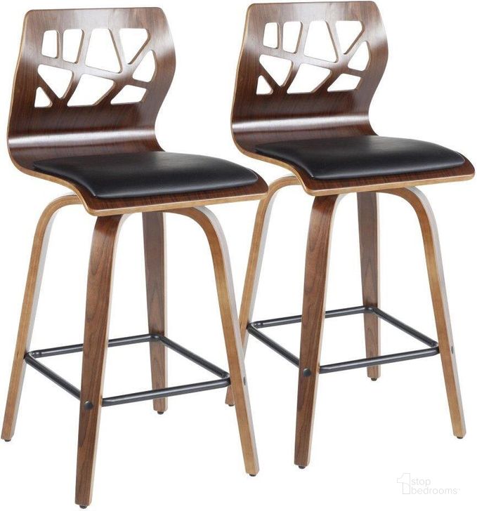 The appearance of Folia Mid-Century Modern Counter Stool In Walnut Wood And Black Faux Leather - Set Of 2 designed by Lumisource in the transitional interior design. This walnut piece of furniture  was selected by 1StopBedrooms from Folia Collection to add a touch of cosiness and style into your home. Sku: B26-FOLIAX WLBK2. Product Type: Barstool. Material: PU. Image1