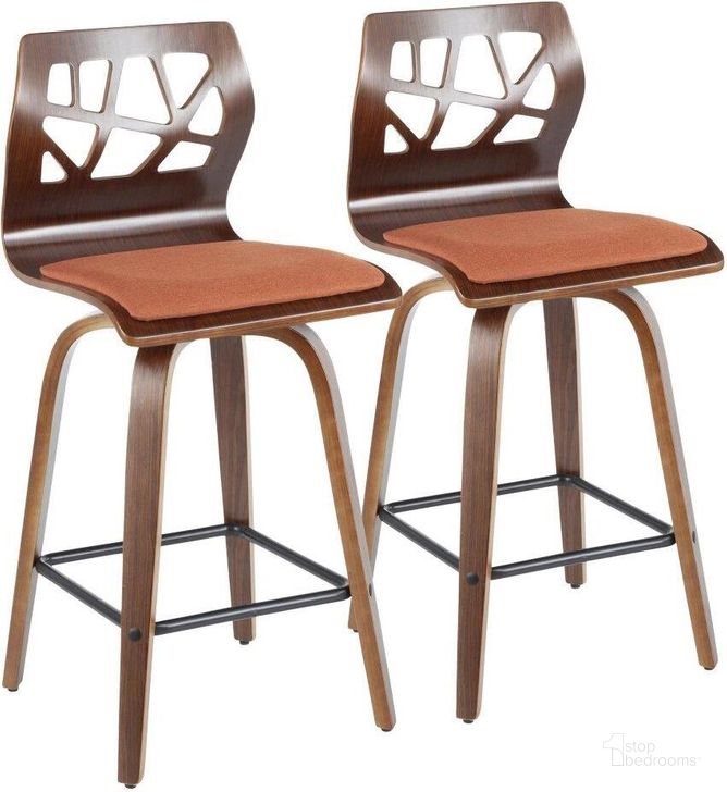 The appearance of Folia Mid-Century Modern Counter Stool In Walnut Wood And Orange Fabric - Set Of 2 designed by Lumisource in the transitional interior design. This orange piece of furniture  was selected by 1StopBedrooms from Folia Collection to add a touch of cosiness and style into your home. Sku: B26-FOLIAX WLO2. Material: Fabric. Product Type: Barstool. Image1