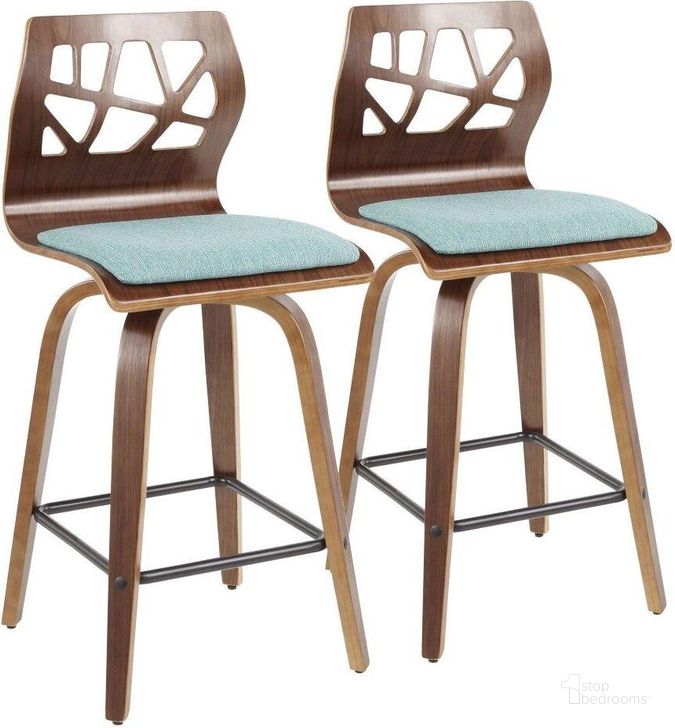 The appearance of Folia Mid-Century Modern Counter Stool In Walnut Wood And Teal Fabric - Set Of 2 designed by Lumisource in the transitional interior design. This teal piece of furniture  was selected by 1StopBedrooms from Folia Collection to add a touch of cosiness and style into your home. Sku: B26-FOLIAX WLTL2. Material: Fabric. Product Type: Barstool. Image1