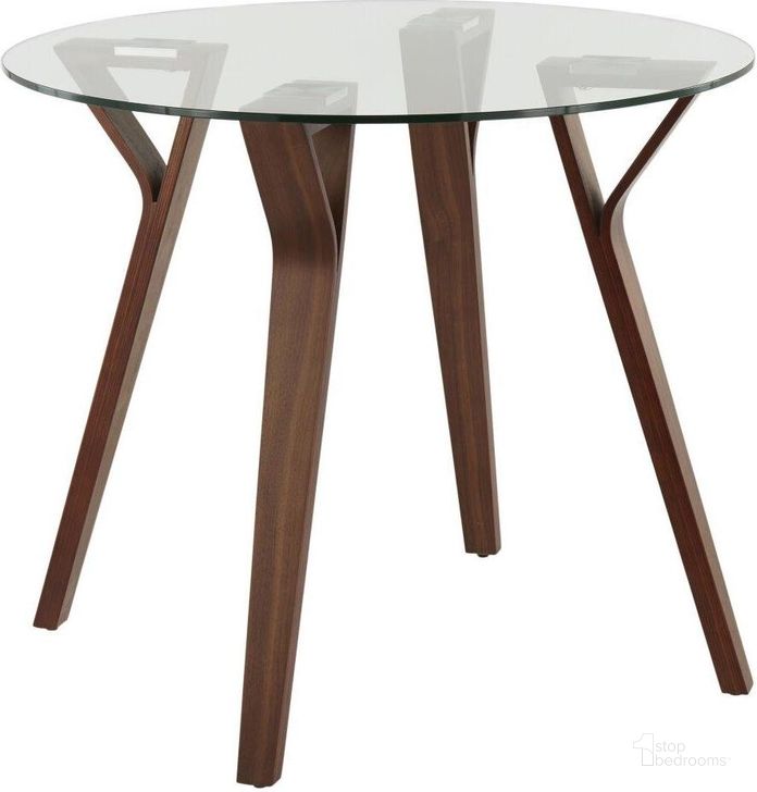 The appearance of Folia Mid-Century Modern Round Dinette Table In Walnut Wood And Clear Glass designed by Lumisource in the transitional interior design. This walnut piece of furniture  was selected by 1StopBedrooms from Folia Collection to add a touch of cosiness and style into your home. Sku: DT-FOLIA RND WLCL. Material: Glass. Product Type: Bistro Table. Image1