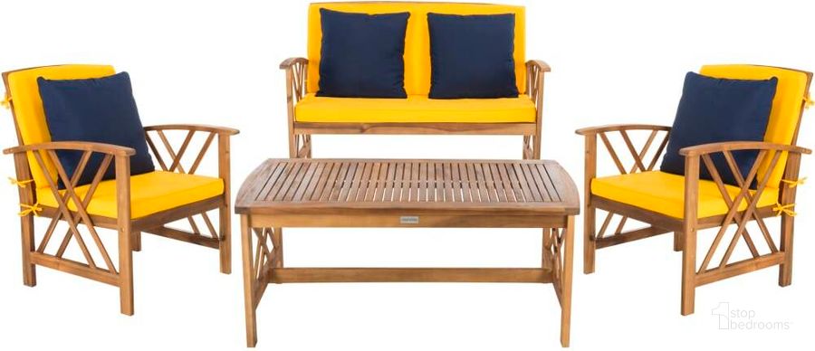 The appearance of Fontana Teak Look 4-Piece Outdoor Set designed by Safavieh in the transitional interior design. This yellow piece of furniture  was selected by 1StopBedrooms from Fontana Collection to add a touch of cosiness and style into your home. Sku: PAT7008D. Material: Steel. Product Type: Outdoor Conversation Set. Image1