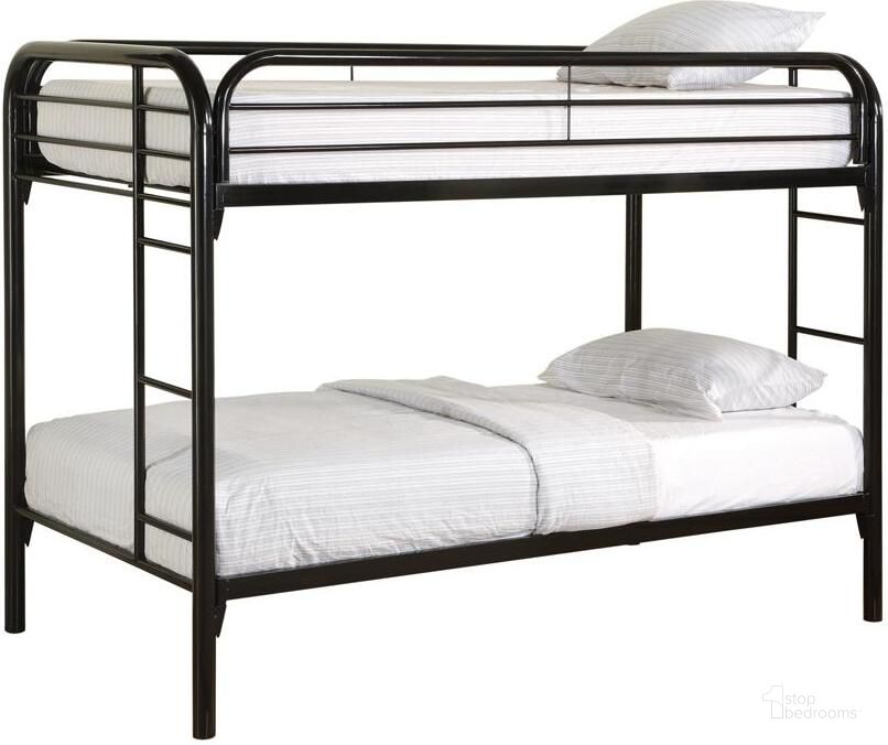 The appearance of Fordham Black Twin Over Twin Metal Bunkbed designed by Coaster in the modern / contemporary interior design. This black piece of furniture  was selected by 1StopBedrooms from Fordham Collection to add a touch of cosiness and style into your home. Sku: 2256K. Bed Type: Bunk Bed. Material: Metal. Product Type: Bunk Bed. Bed Size: Twin Over Twin. Image1