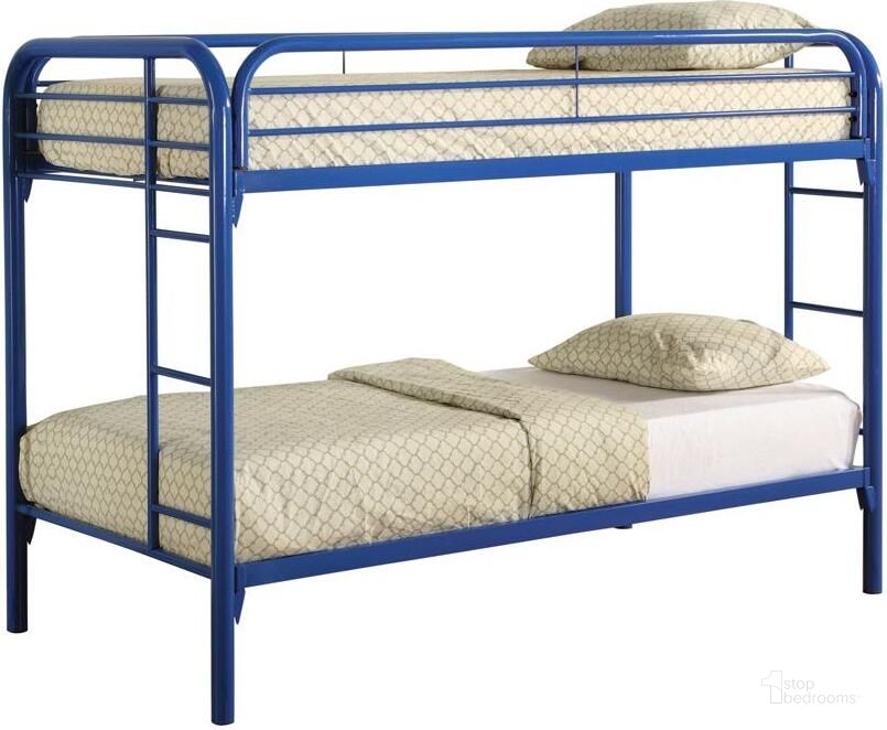 The appearance of Fordham Blue Twin Over Twin Metal Bunkbed designed by Coaster in the modern / contemporary interior design. This blue piece of furniture  was selected by 1StopBedrooms from Fordham Collection to add a touch of cosiness and style into your home. Sku: 2256B. Bed Type: Bunk Bed. Material: Metal. Product Type: Bunk Bed. Bed Size: Twin Over Twin. Image1